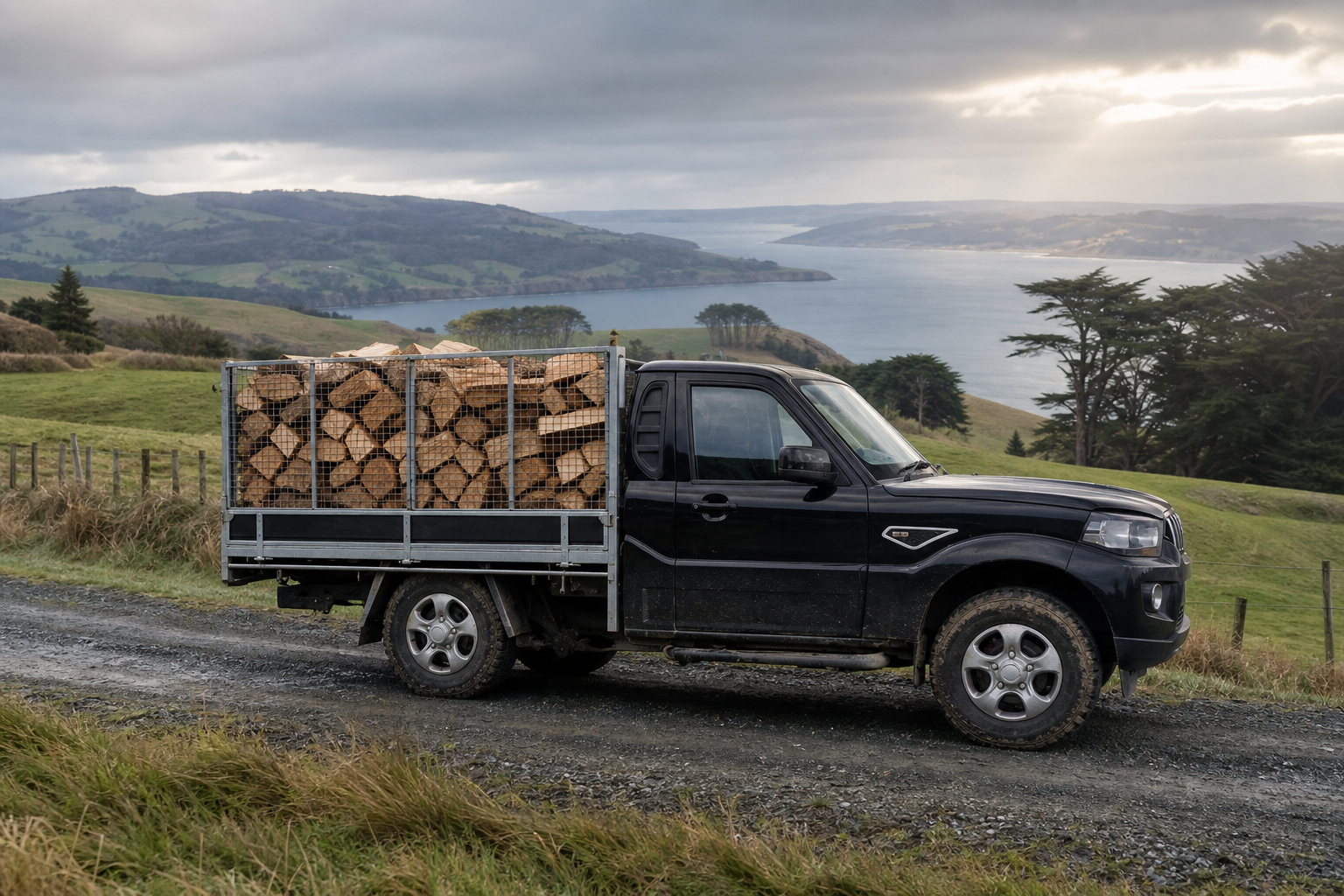 Black flatdeck ute carrying a secure load of split firewood near Blueskin Bay